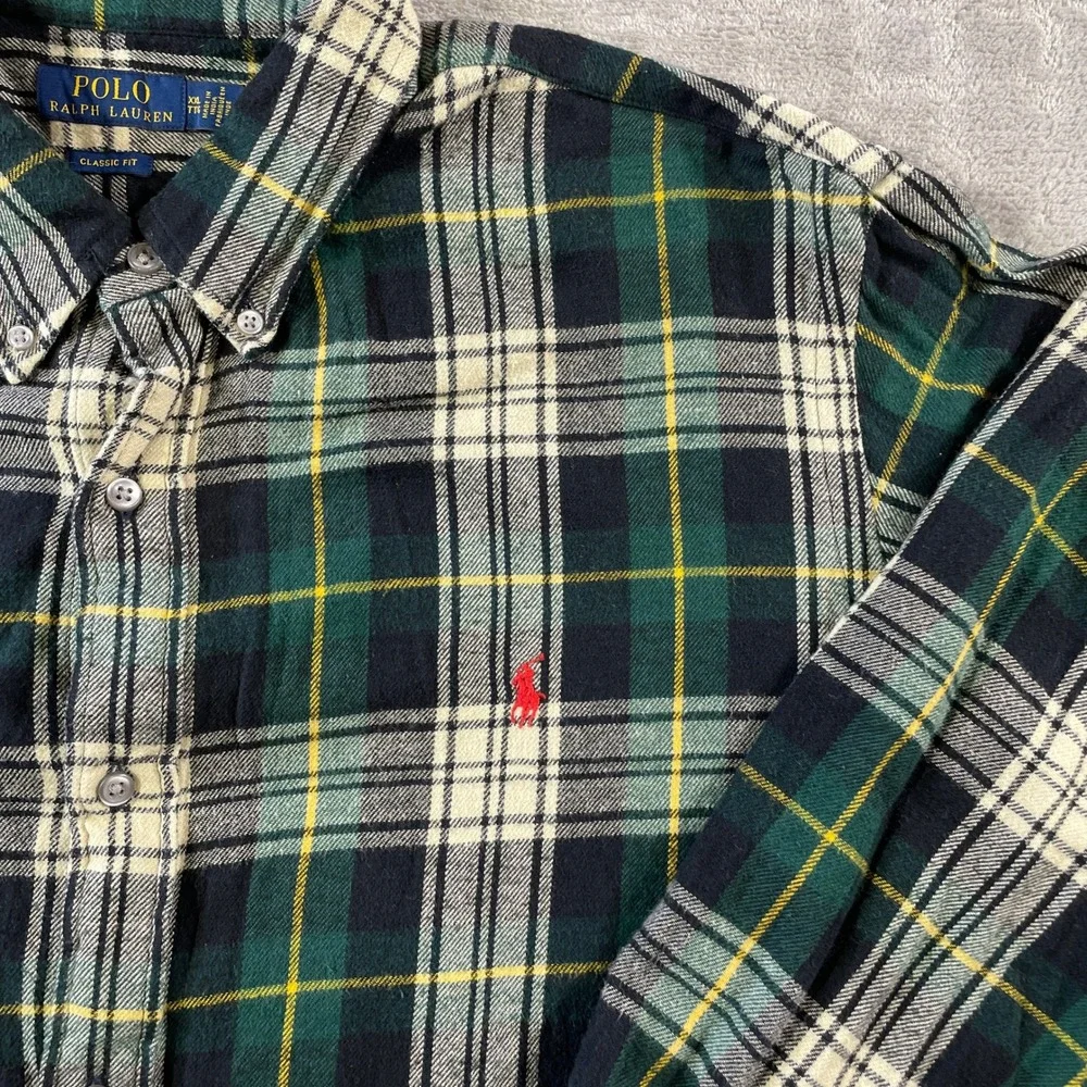 Polo Ralph Lauren Flannel Shirt Mens XXL Green Plaid Classic Fit Holiday Preppy